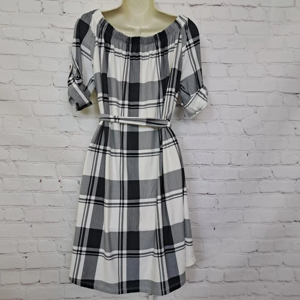 J For Justify Ultrasoft Off Shoulder Plaid Belted Dress 1X - Picture 3 of 9